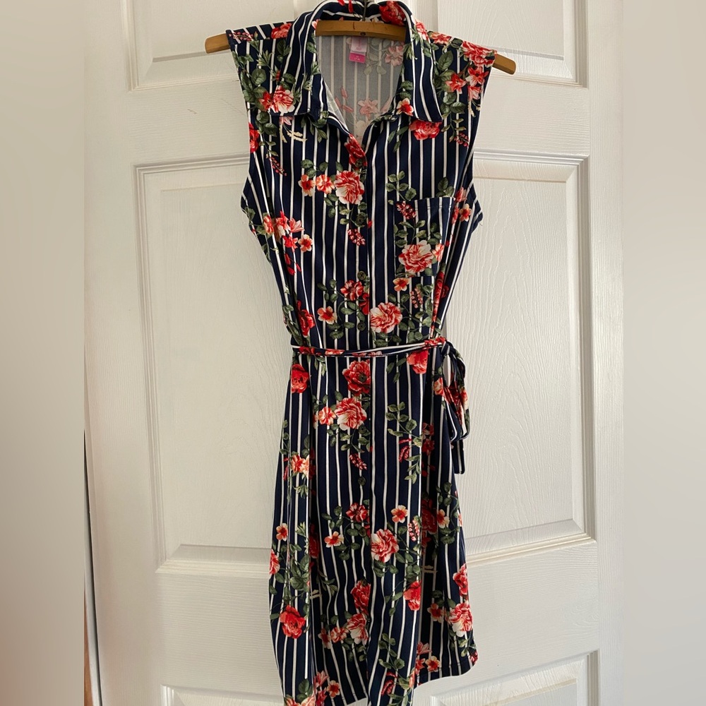 No Boundaries Sleeveless Navy Blue Stripe Dress with Roses